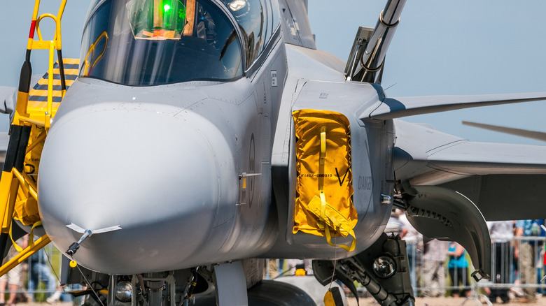 Front view of jet fighter air intakes on its sides