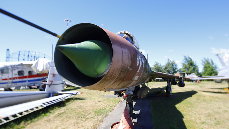 Close up of Mig-21 air intake at front of aircraft