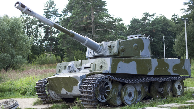 A WWII-era Tiger tank with a muzzle break