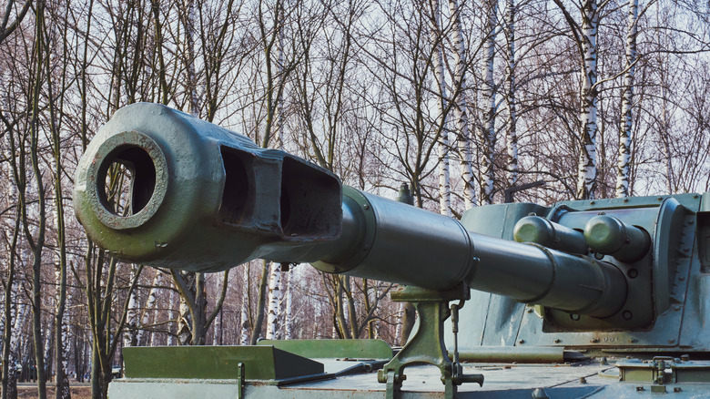 Close up of a tank gun with a muzzle brake
