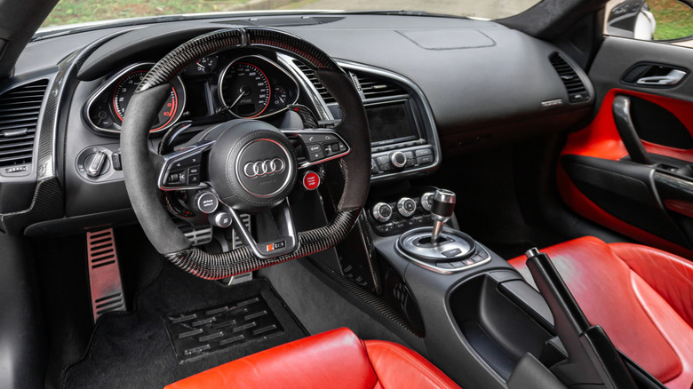 The interior of a modified first generation Audi R8, displaying the lack of a center console