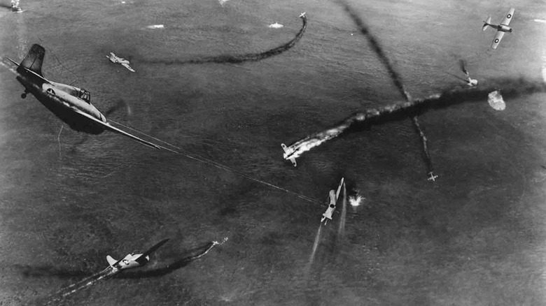 Diorama by Norman Bel Geddes, depicting combat air patrol intercepting the incoming Japanese dive bomber raid on USS Yorktown (CV-5), at about noon on 4 June 1942.