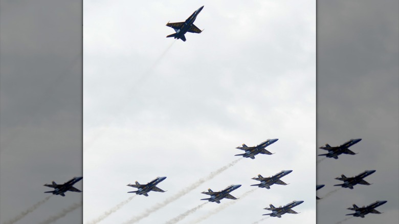 The Blue Angels performing a Missing Man Formation over Annapolis, Maryland