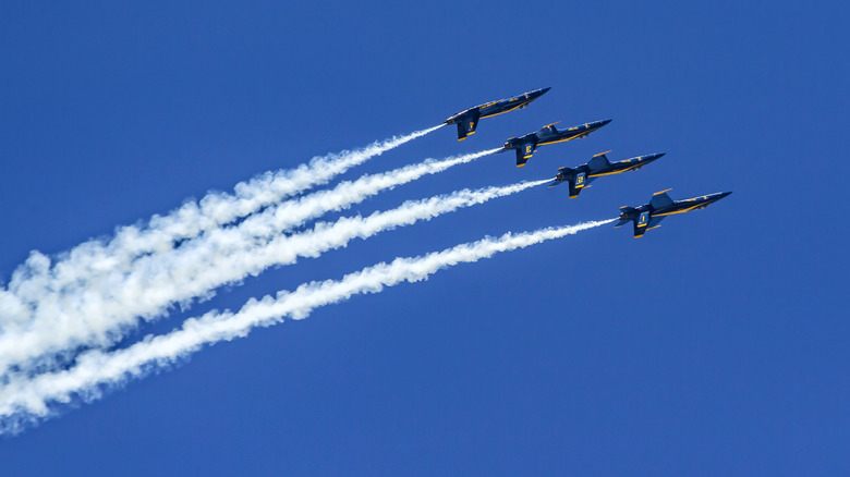 Blue Angels fighter jets flying upside down