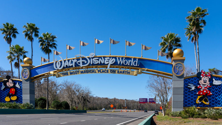 The entrance to Walt Disney World featuring Mickey and Minnie Mouse