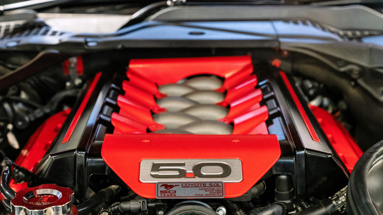 A 5.0-liter Coyote V8 in an engine bay
