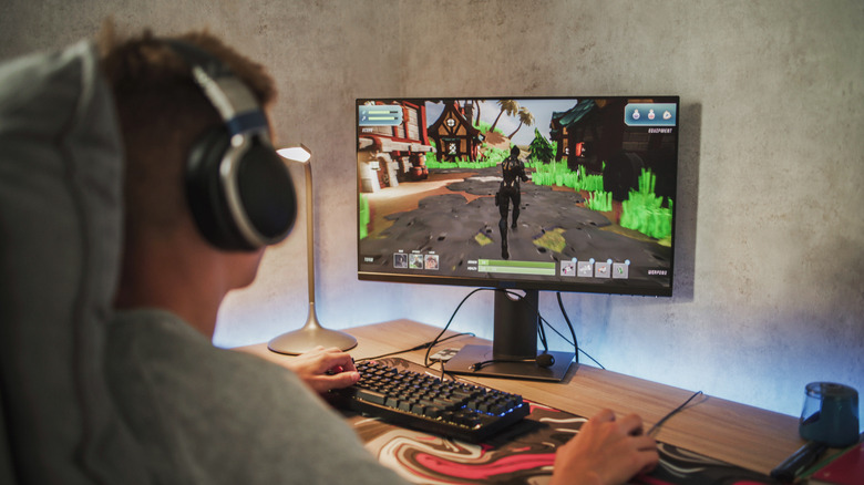 Person playing video game on PC