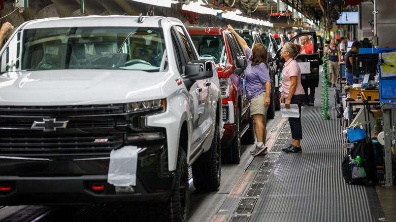 GM's production line of Chevrolet Silverado pickup trucks.