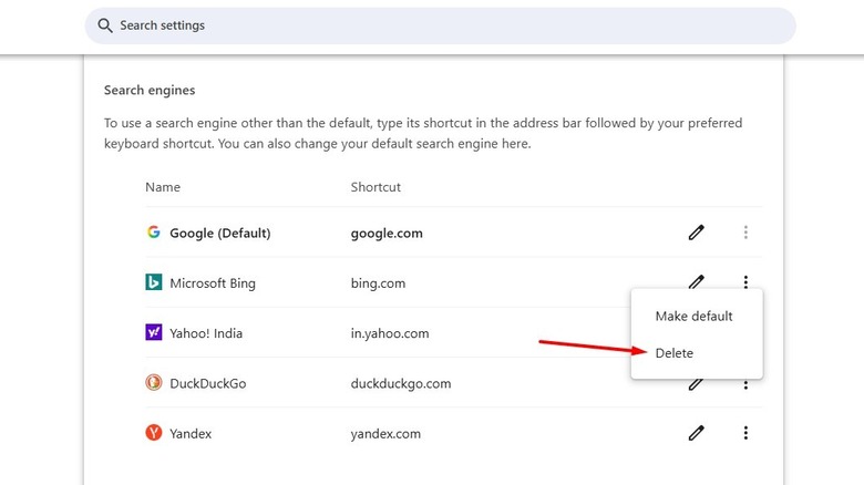 Microsoft Bing's Delete option in the Chrome search engine page.