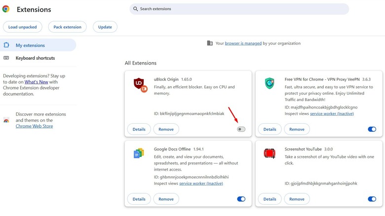 uBlock Origin extension disable toggle in the Google Chrome extension page.
