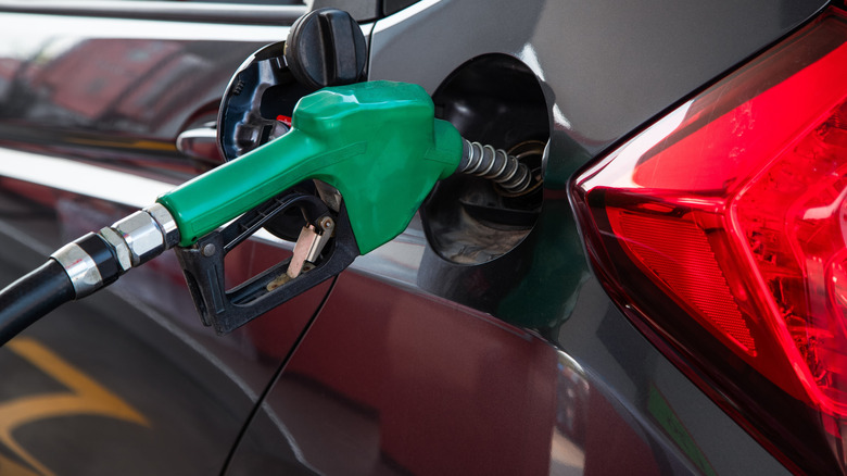 Close up of a green fuel nozzle refueling a dark grey car at a gas station