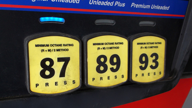 A shot of fuel labels at a gasoline pump