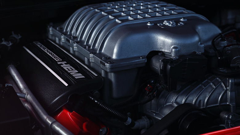 6.2-liter supercharged Hellcat V8 detailed view, front-right perspective