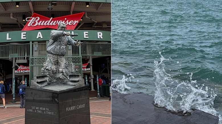 Photos of a statue and water splashing