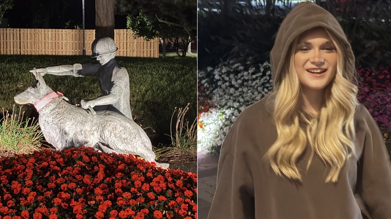 photos of a statue and a woman at night