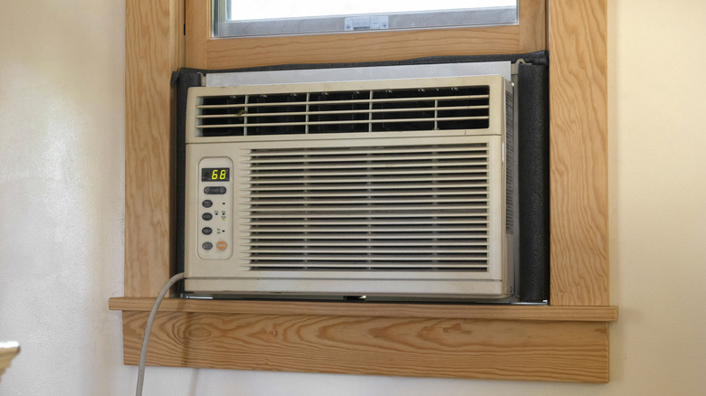 An air conditioning unit set up in a window.