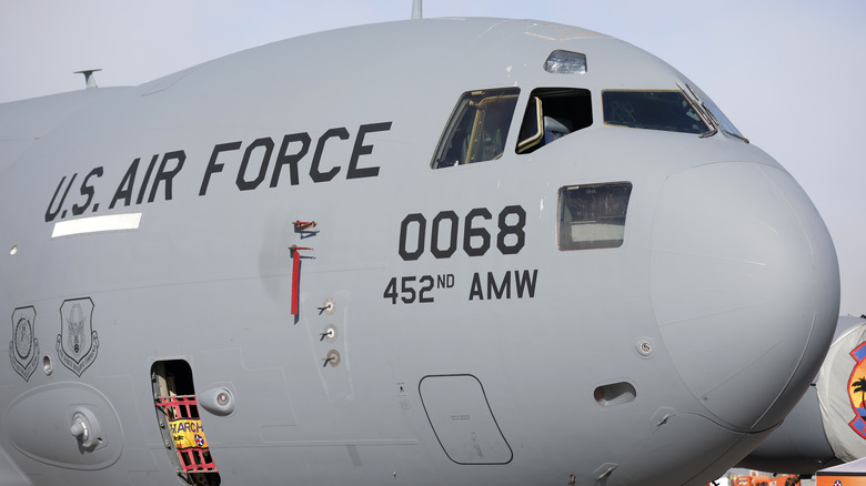 Close-up view of the nose of a C-17 Globemaster.