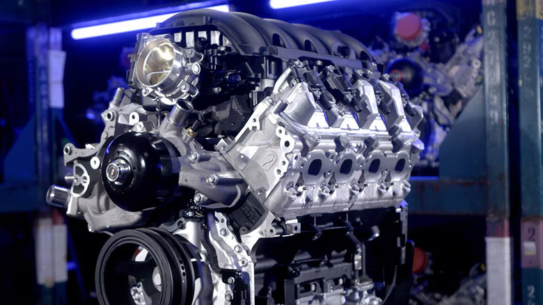 Front 3/4 view of L8T V8 engine in engine factory setting