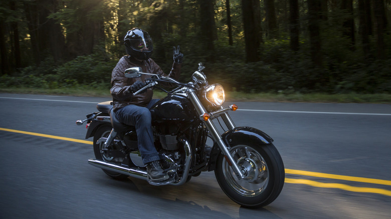 A Motorcyclist riding down highway