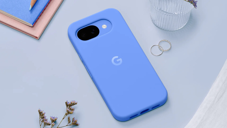 The Pixel 10a with a lavender case on