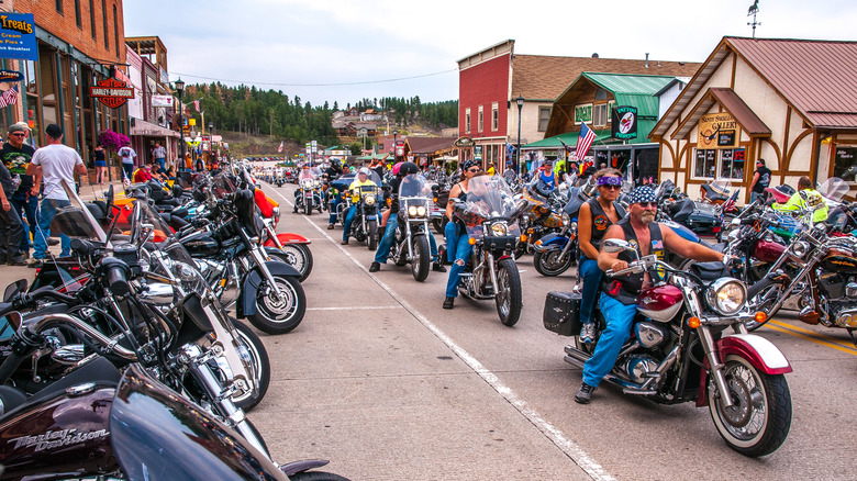 A picture of many bikers and motorcycles at Sturgis