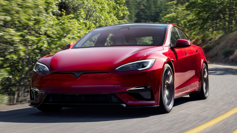 Tesla Model S in red.