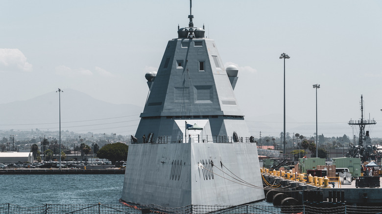 The USS Zumwalt guided missile destroyer moored at a San Diego port