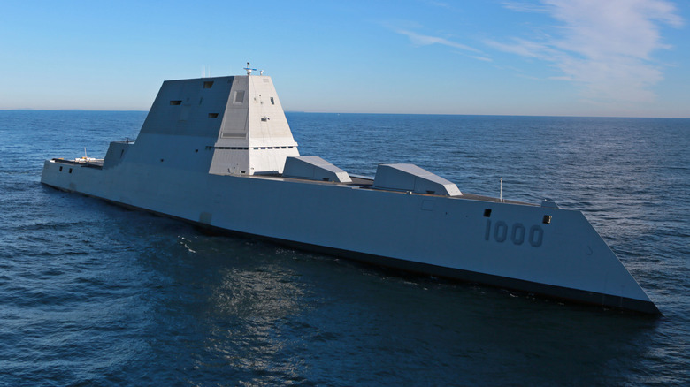 The USS Zumwalt conducting sea-trials in the Atlantic ocean