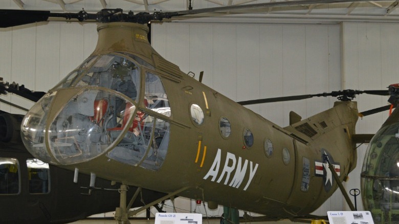 A U.S. Army Piasecki H-21C Shawnee on display indoors