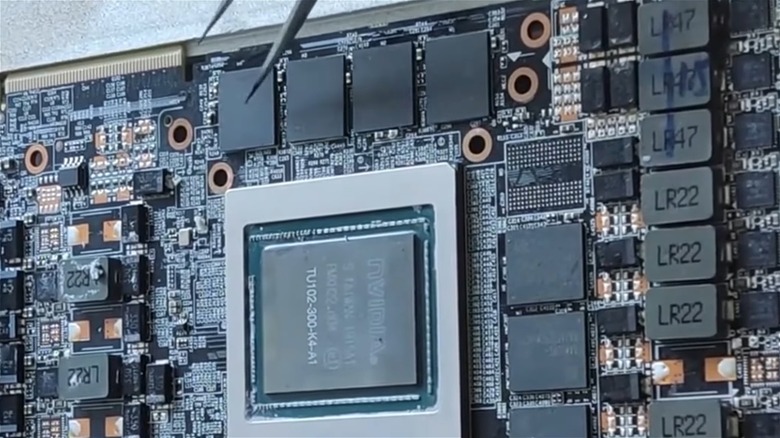 A view of the VRAM chips on a graphics card