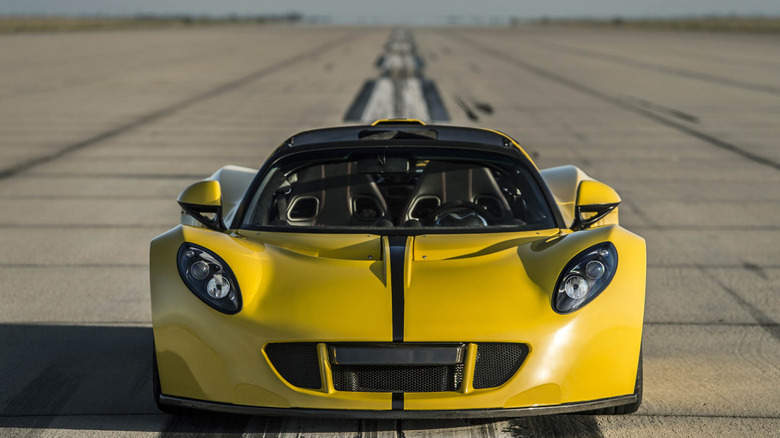 Yellow Hennessey Venom F5 on space shuttle runway