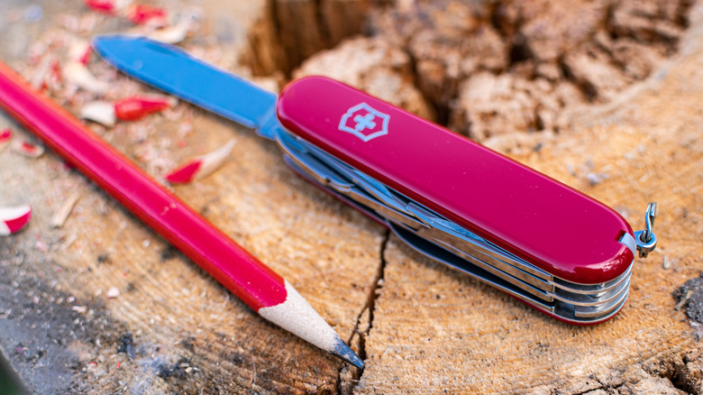 Unsheated swiss army knife next to sharpened pencil