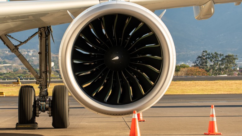 Airbus A321 displaying engine on a wing while on tarmac
