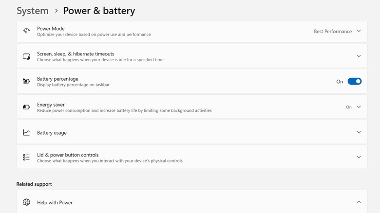 Potencia y ventanas de batería en una computadora portátil Windows 11.