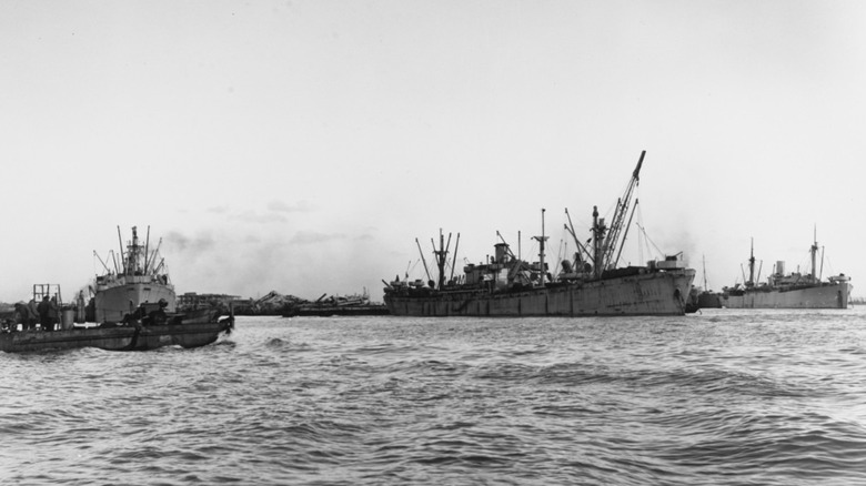 A photo of Liberty ships at Le Havre Harbor in 1944