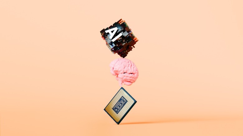 Floating renders of a processor, human brain, and an AI block