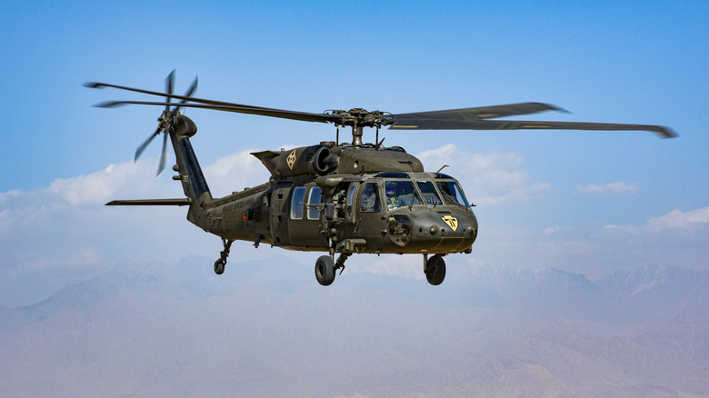 A UH-60M Black Hawk Army helicopter in flight.