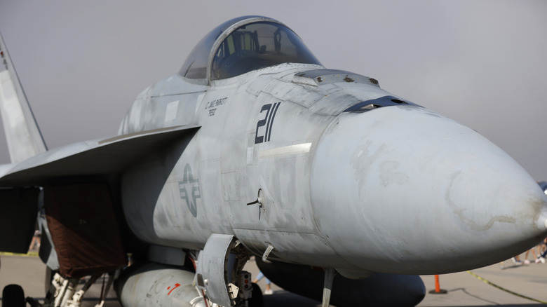 A United States Navy F/A-18 Hornet aircraft is displayed at the Marine Corps Air Station Miramar Airshow