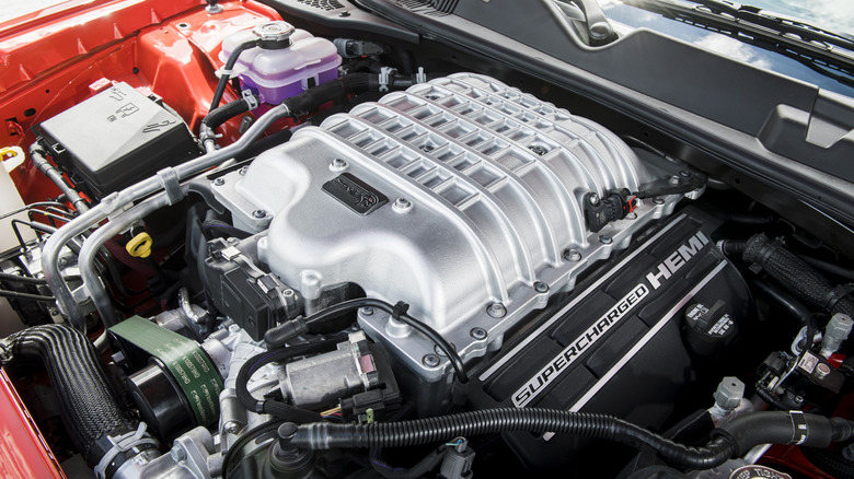 Close-up of 6.2L Hellcat Supercharged Hemi in 2021 Dodge Challenger Super Stock