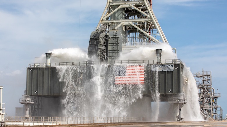 A water flow test at a NASA rocket launch