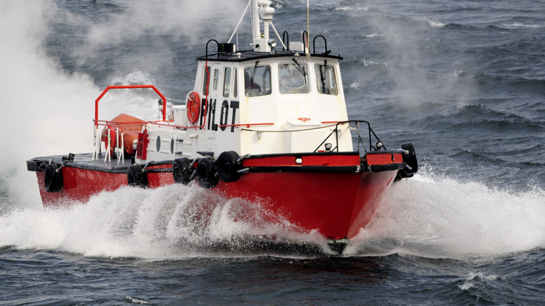 Close-up of a pilot boat on the water.