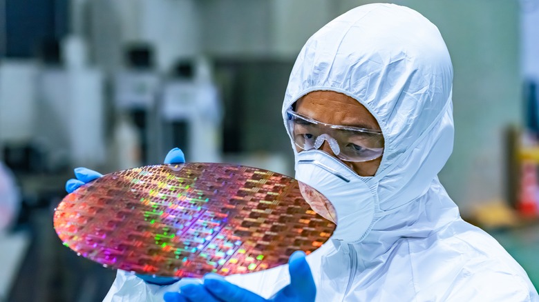 Person holding a semiconductor wafer.