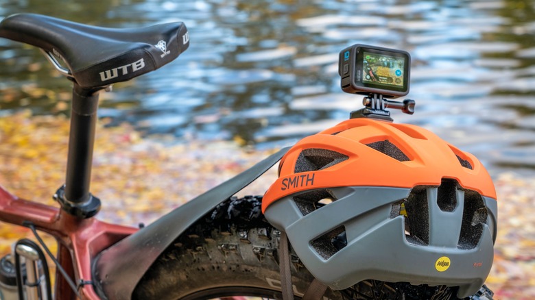 A GoPro on a bike helmet