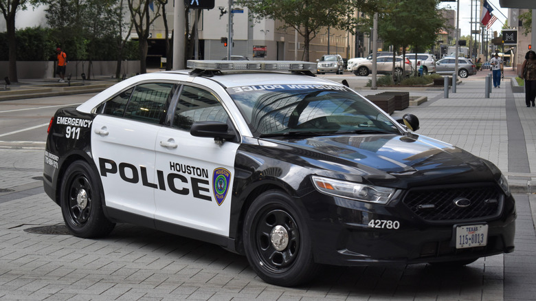 Front-quarter shot of a Houston police cruiser