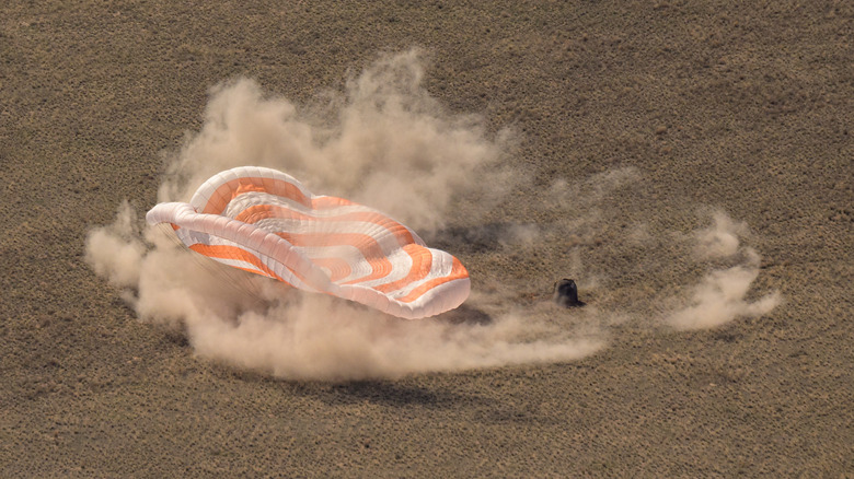 Russia's Soyuz MS-17 spacecraft landing in a remote area near the town of Zhezkazgan, Kazakhstan.