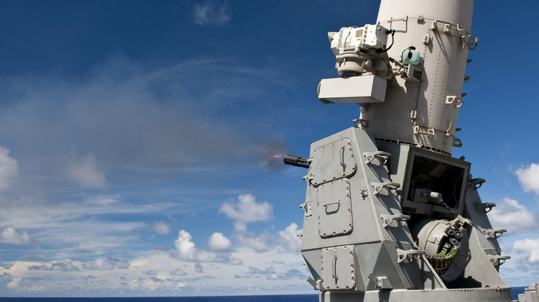 A ship's close-in weapons system firing.
