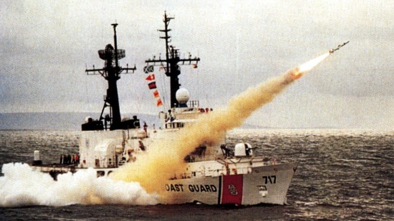 The U.S. Coast Guard high-endurance cutter Mellon firing a Harpoon missile in 1990.