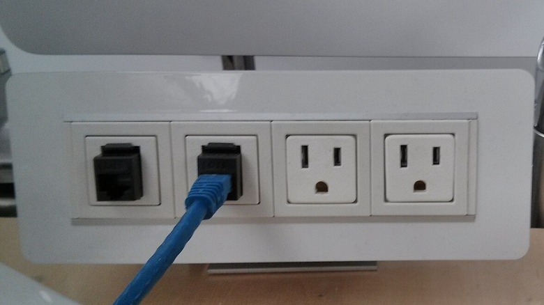 Two Ethernet jacks and two empty three-prong plugs