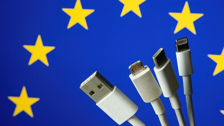 Variety of USB with EU flag background