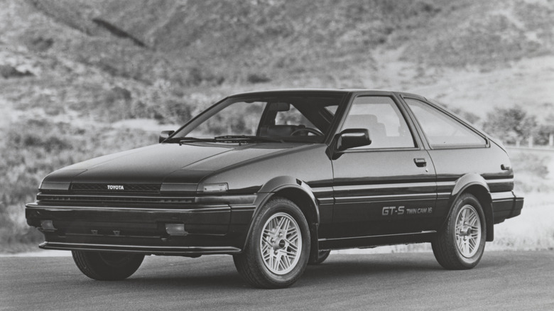 1986 Toyota Sprinter Trueno AE86 GT-S Twin-Cam, front-left three-quarter view, black-and-white photograph